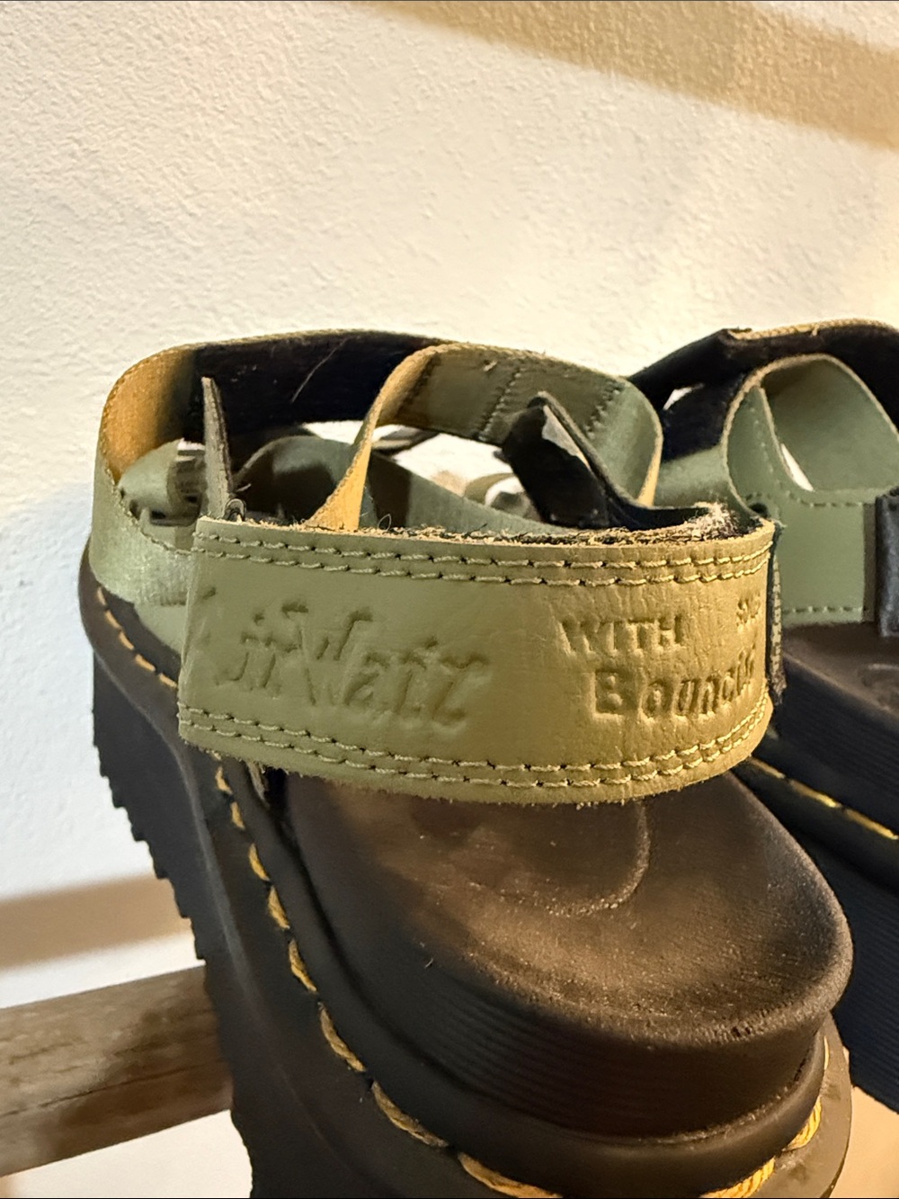 Dr. Martens Olive Strappy Platform Sandals with Yellow Stitching - Picture 3 of 12